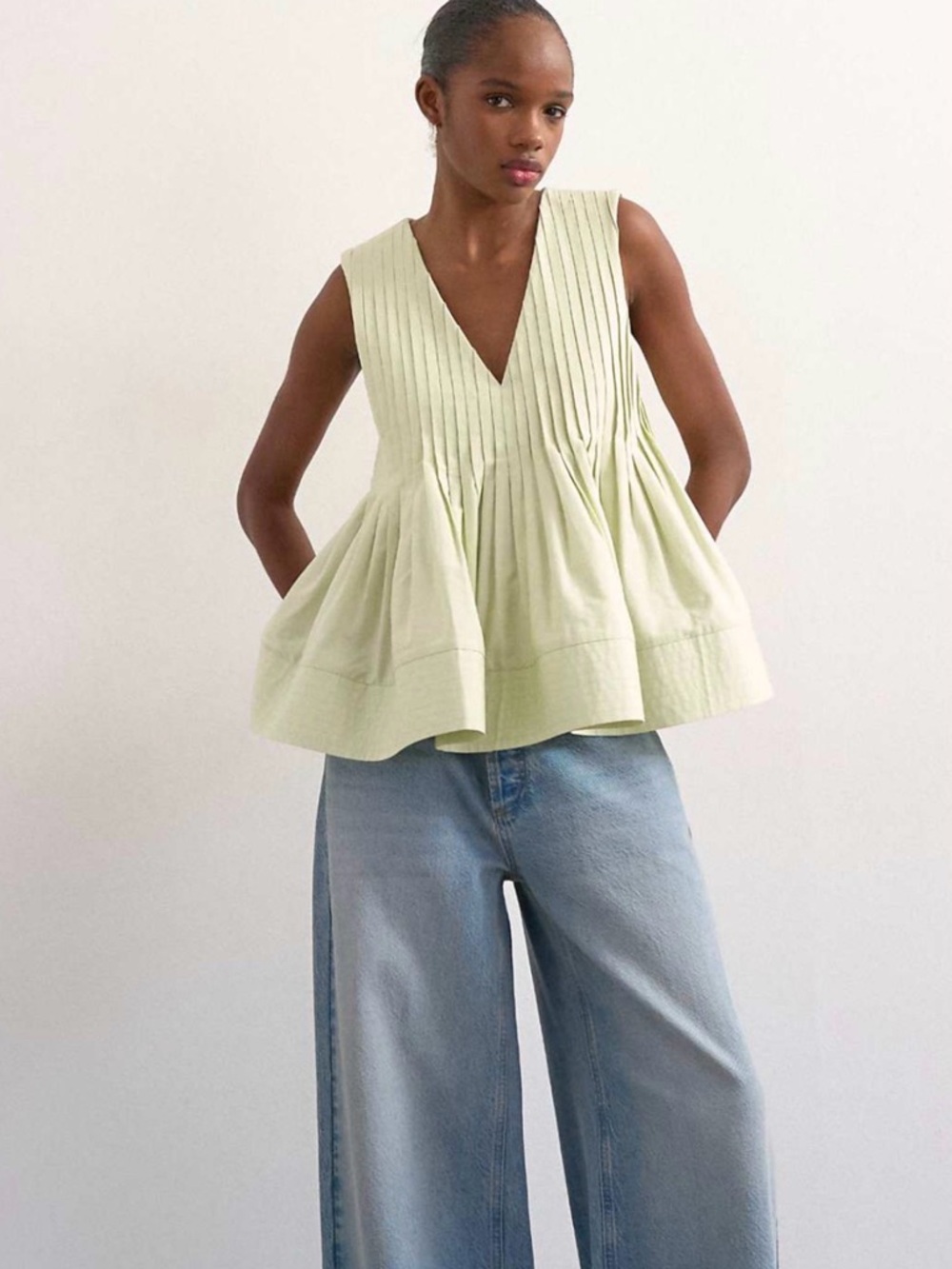 Topshop Light Green Pleated V-Neck Sleeveless Top